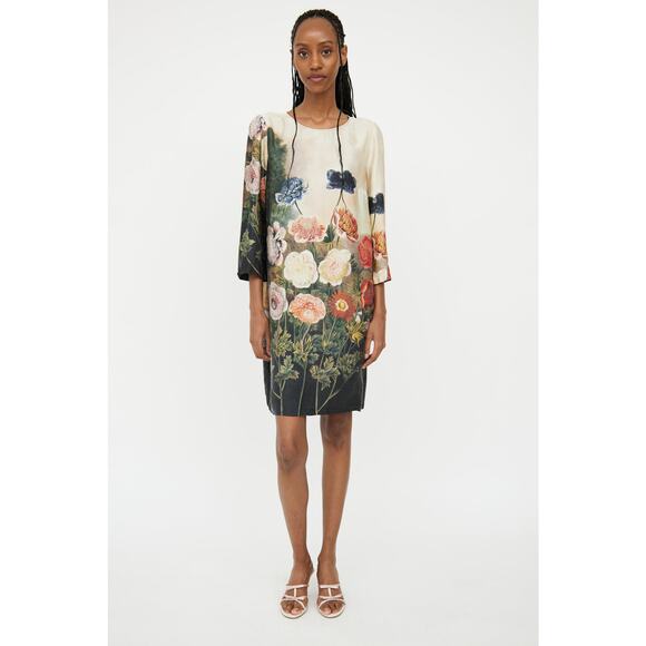 Stella McCartney Beige Silk Floral Shift Dress IT 40 US 8 Botanical Flower - Picture 1 of 8